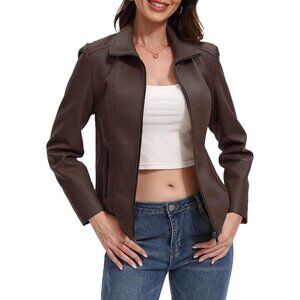 Women's Camel Faux Leather Zip Up Motorcycle Fashion Going Out Jacket
